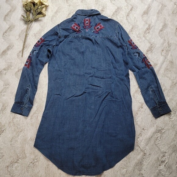Rails Dark Denim Style Button Up Blouse Dress With Embroidered Stitch Blue XS - Picture 9 of 12